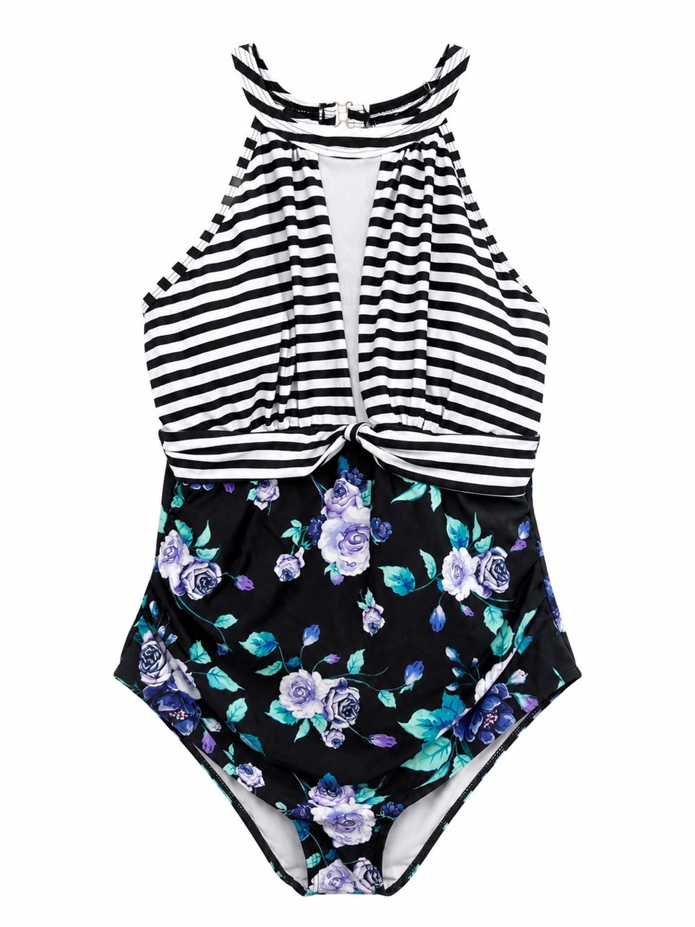 NWT! Tempt Me Floral & Stripe Mesh Cutout One-Piece Swimsuit. Size: Large